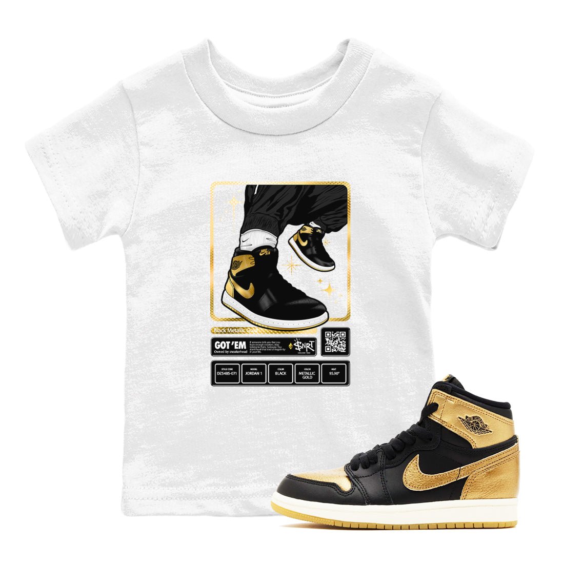 Air Jordan 1 High OG Black Metallic Gold shirts to match jordans Sneaker Trading Card sneaker match tees Air Jordan 1 Retrp Black Metallic Gold Sneaker Shirts SNRT Sneaker Tees streetwear brand Baby and Youth White 1 cotton tee