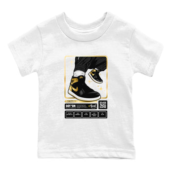Air Jordan 1 High OG Black Metallic Gold shirts to match jordans Sneaker Trading Card sneaker match tees Air Jordan 1 Retrp Black Metallic Gold Sneaker Shirts SNRT Sneaker Tees streetwear brand Baby and Youth White 2 cotton tee