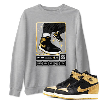 Air Jordan 1 High OG Black Metallic Gold shirts to match jordans Sneaker Trading Card sneaker match tees Air Jordan 1 Retrp Black Metallic Gold Sneaker Shirts SNRT Sneaker Tees streetwear brand Heather Grey 1 unisex cotton tee
