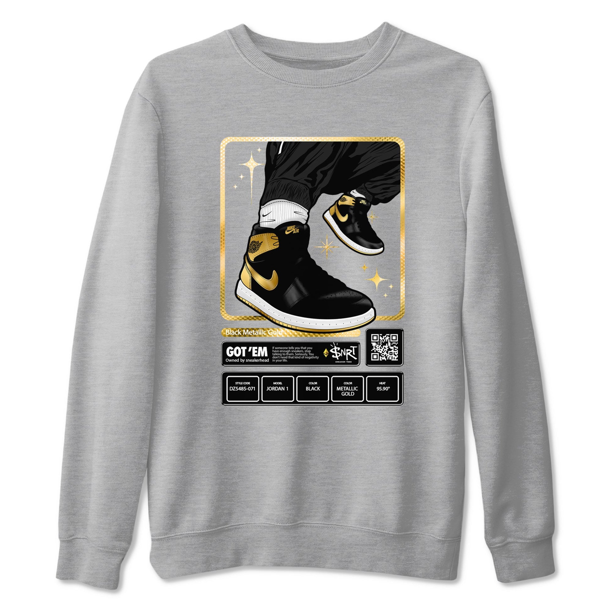 Air Jordan 1 High OG Black Metallic Gold shirts to match jordans Sneaker Trading Card sneaker match tees Air Jordan 1 Retrp Black Metallic Gold Sneaker Shirts SNRT Sneaker Tees streetwear brand Heather Grey 2 unisex cotton tee