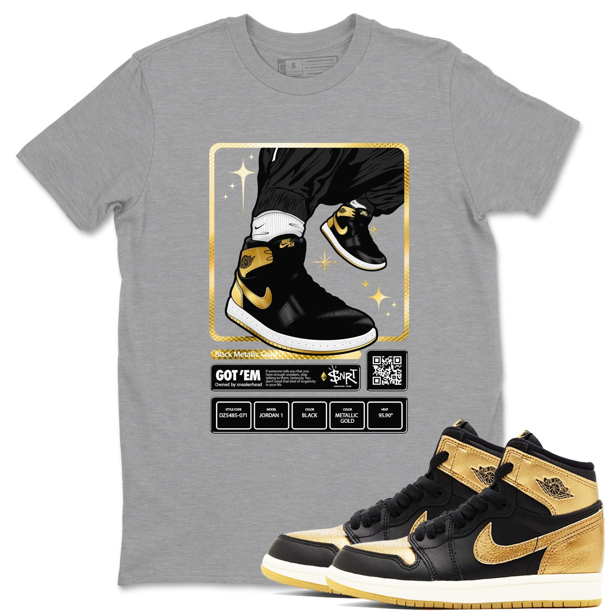 Air Jordan 1 High OG Black Metallic Gold shirts to match jordans Sneaker Trading Card sneaker match tees Air Jordan 1 Retrp Black Metallic Gold Sneaker Shirts SNRT Sneaker Tees streetwear brand Heather Grey 1 unisex cotton tee