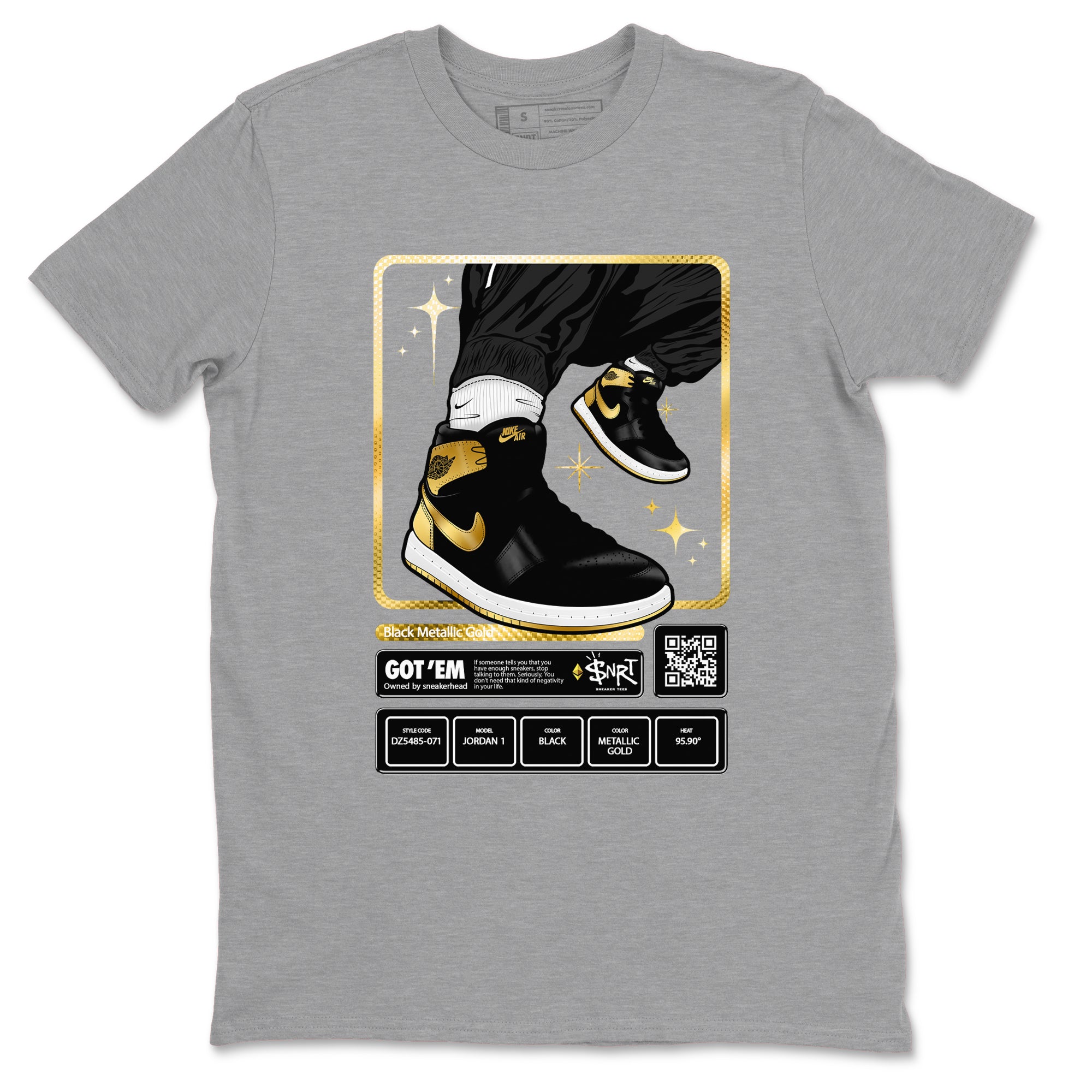 Air Jordan 1 High OG Black Metallic Gold shirts to match jordans Sneaker Trading Card sneaker match tees Air Jordan 1 Retrp Black Metallic Gold Sneaker Shirts SNRT Sneaker Tees streetwear brand Heather Grey 2 unisex cotton tee
