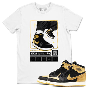 Air Jordan 1 High OG Black Metallic Gold shirts to match jordans Sneaker Trading Card sneaker match tees Air Jordan 1 Retrp Black Metallic Gold Sneaker Shirts SNRT Sneaker Tees streetwear brand White 1 unisex cotton tee