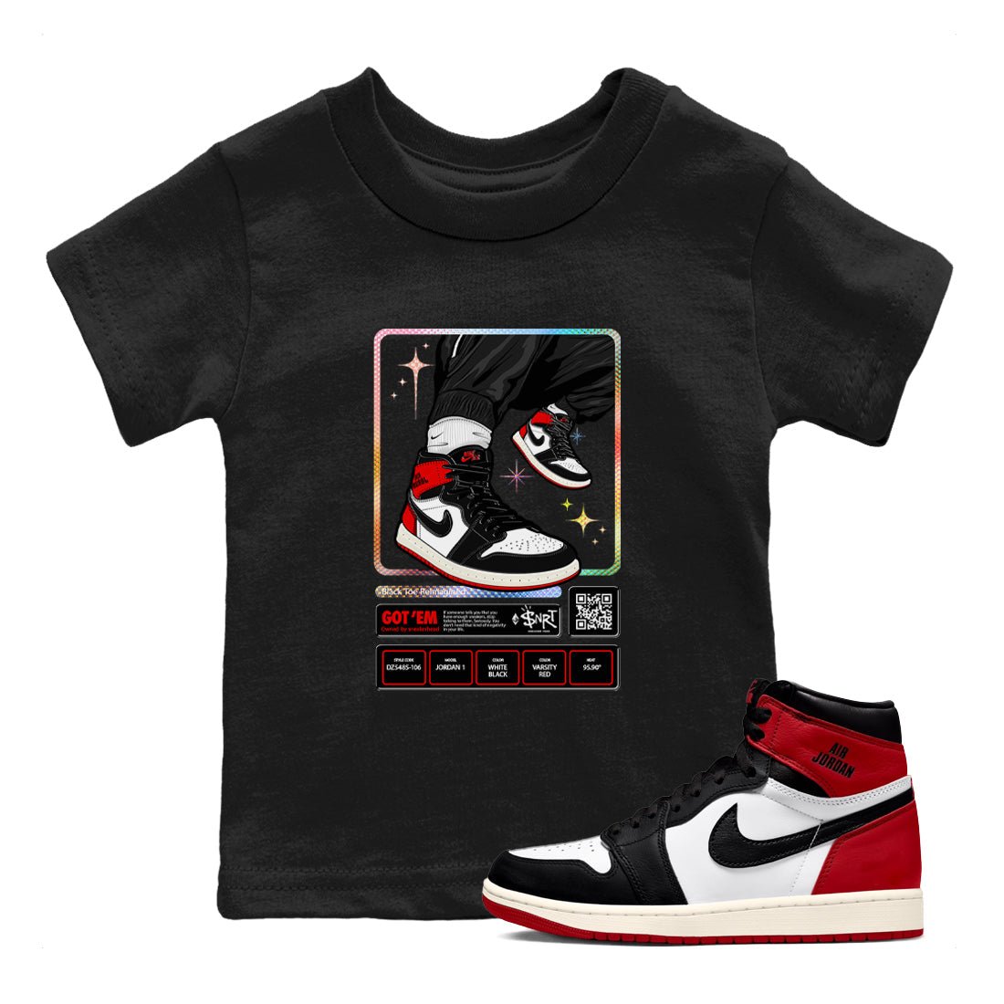 1s Black Toe Reimagined shirts to match jordans Sneaker Trading Card sneaker match tees Air Jordan 1 Black Toe Reimagined SNRT Sneaker Tees streetwear brand Baby and Youth Black 1 cotton tee