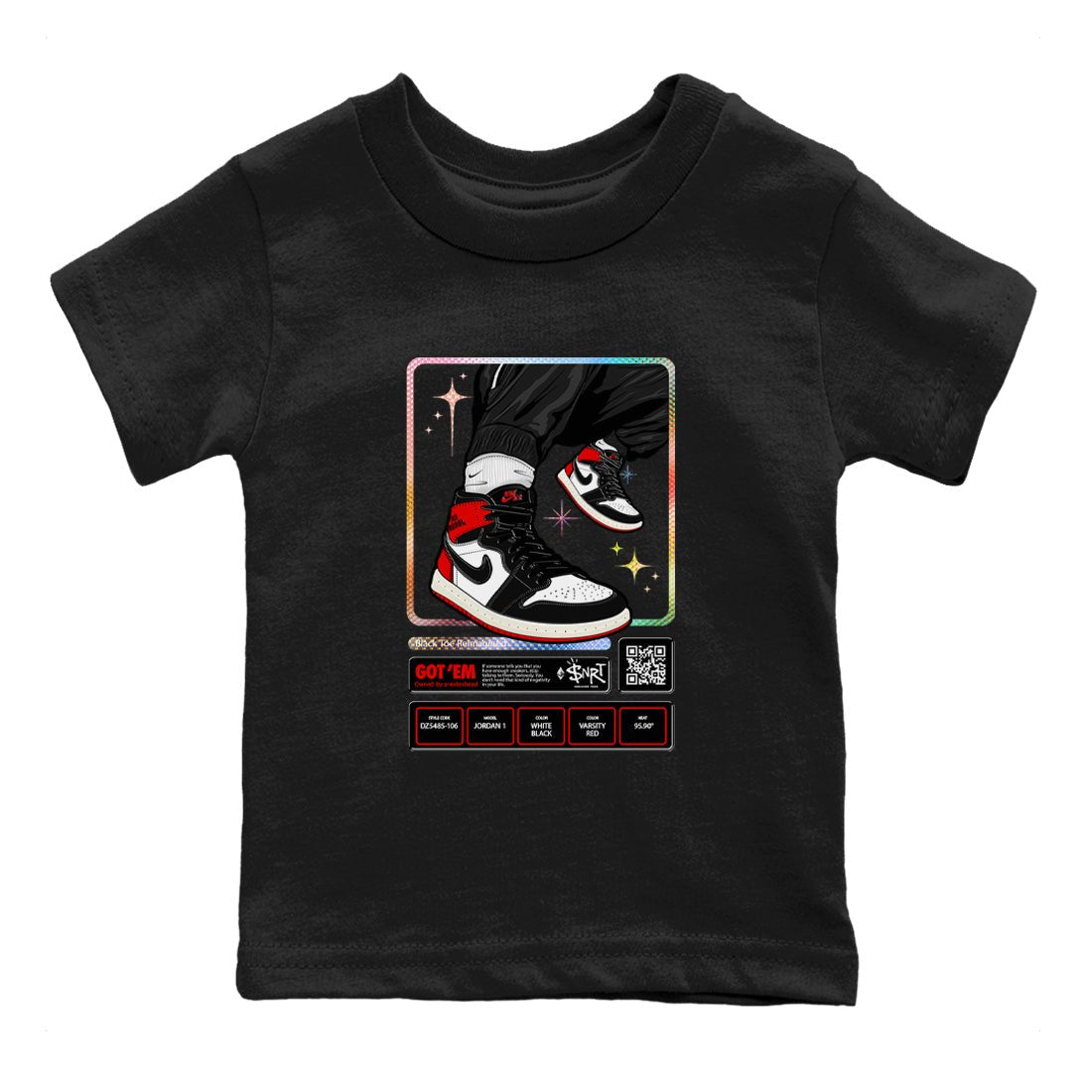 1s Black Toe Reimagined shirts to match jordans Sneaker Trading Card sneaker match tees Air Jordan 1 Black Toe Reimagined SNRT Sneaker Tees streetwear brand Baby and Youth Black 2 cotton tee