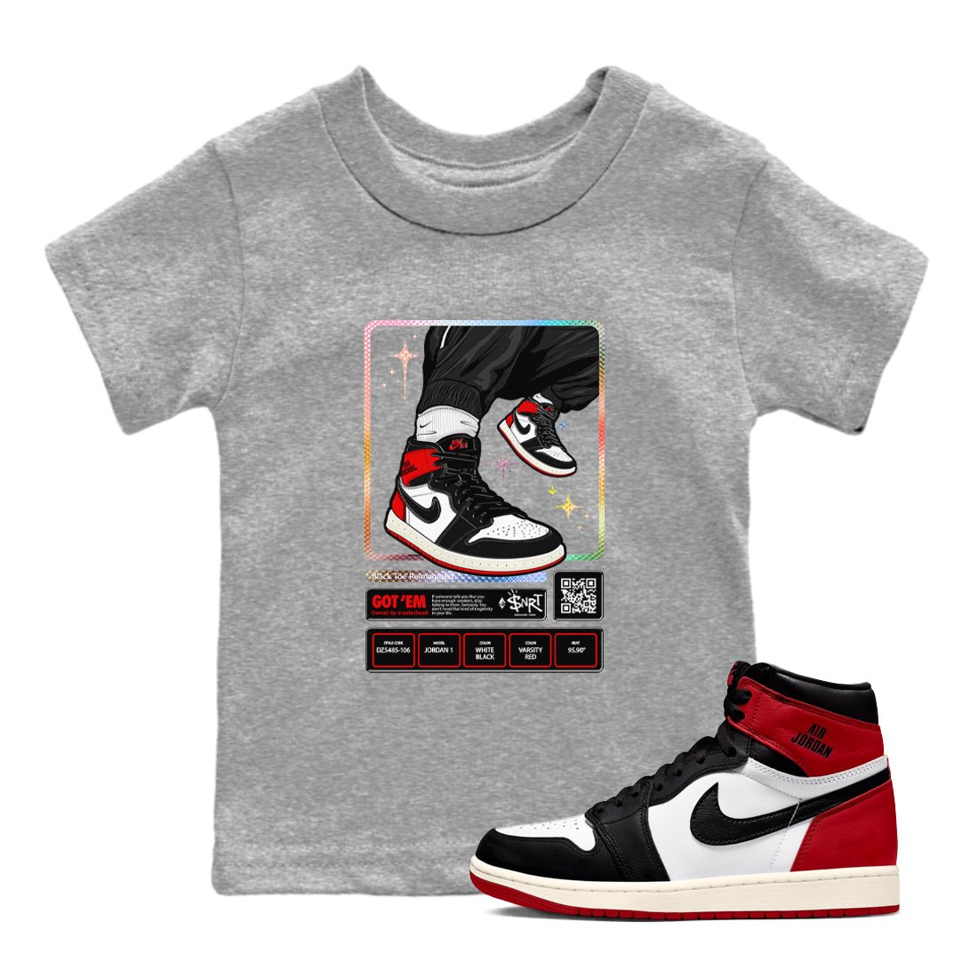 1s Black Toe Reimagined shirts to match jordans Sneaker Trading Card sneaker match tees Air Jordan 1 Black Toe Reimagined SNRT Sneaker Tees streetwear brand Baby and Youth Heather Grey 1 cotton tee