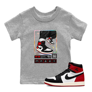 1s Black Toe Reimagined shirts to match jordans Sneaker Trading Card sneaker match tees Air Jordan 1 Black Toe Reimagined SNRT Sneaker Tees streetwear brand Baby and Youth Heather Grey 1 cotton tee
