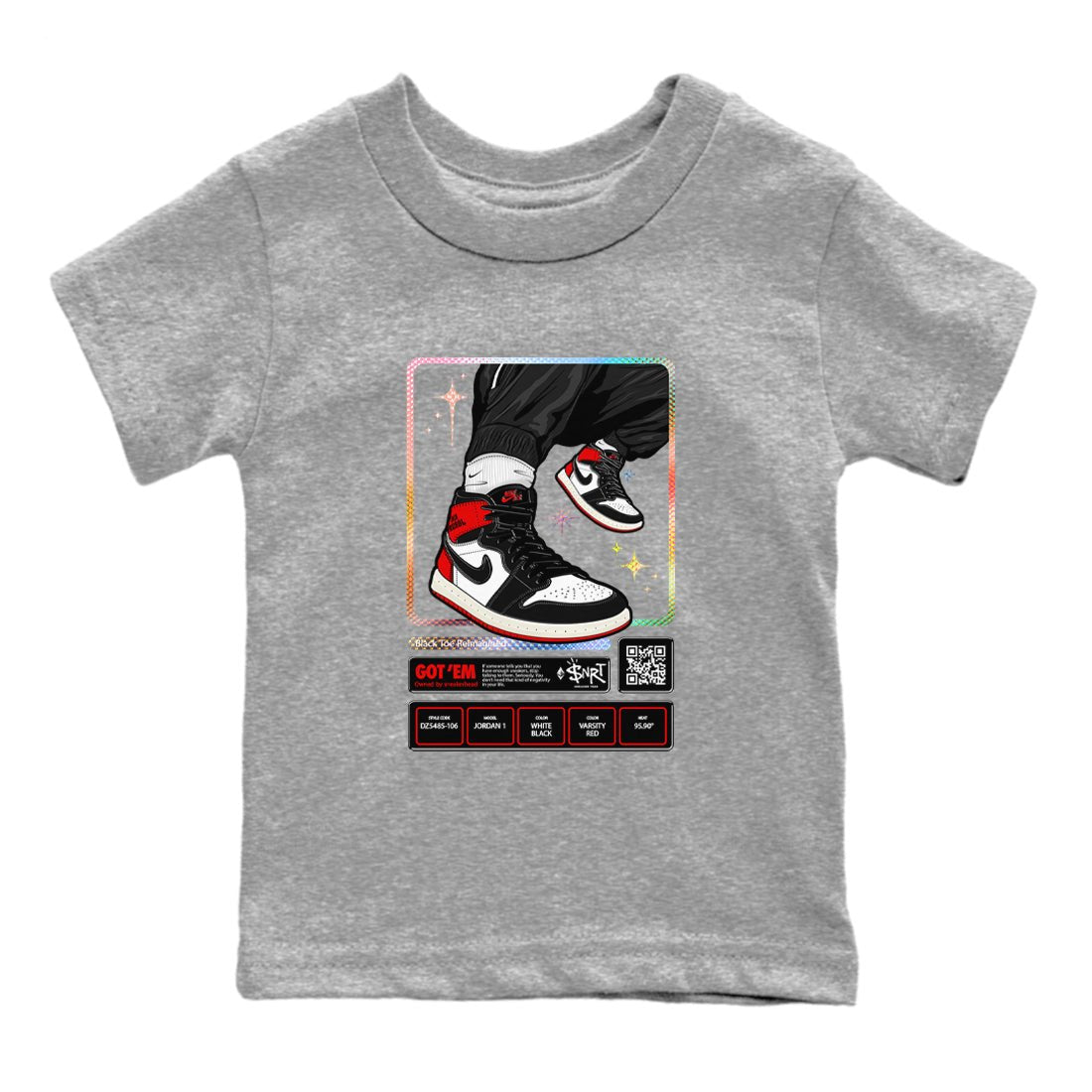 1s Black Toe Reimagined shirts to match jordans Sneaker Trading Card sneaker match tees Air Jordan 1 Black Toe Reimagined SNRT Sneaker Tees streetwear brand Baby and Youth Heather Grey 2 cotton tee