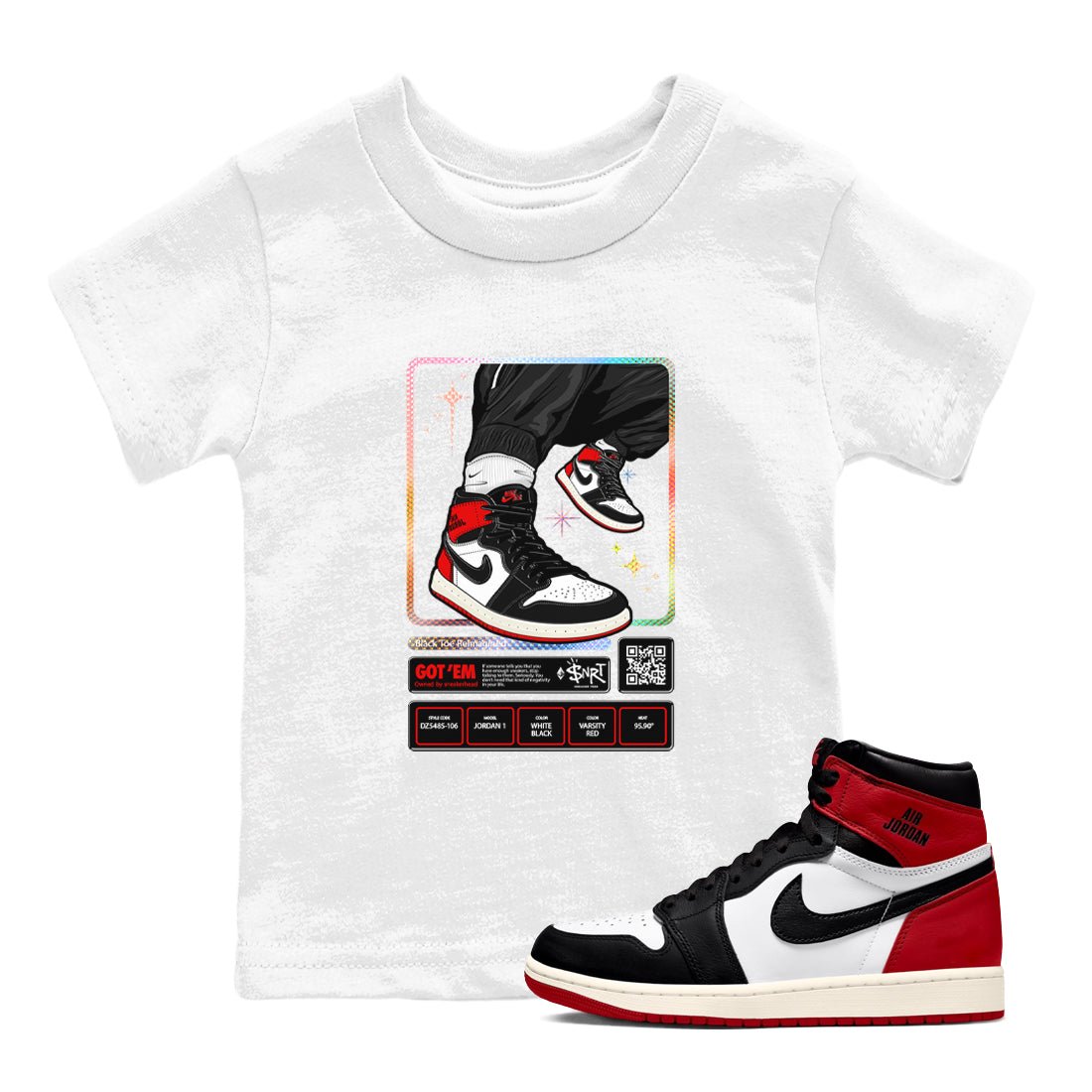 1s Black Toe Reimagined shirts to match jordans Sneaker Trading Card sneaker match tees Air Jordan 1 Black Toe Reimagined SNRT Sneaker Tees streetwear brand Baby and Youth White 1 cotton tee