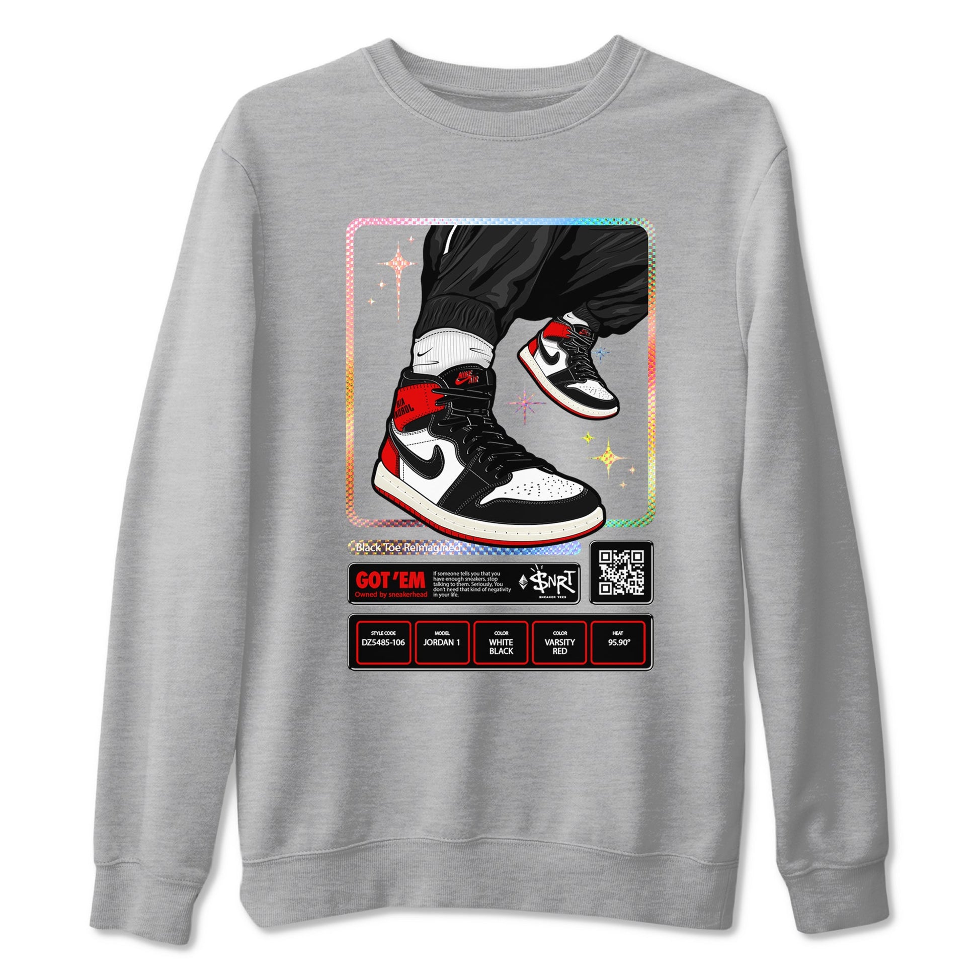 1s Black Toe Reimagined shirts to match jordans Sneaker Trading Card sneaker match tees Air Jordan 1 Black Toe Reimagined SNRT Sneaker Tees streetwear brand Heather Grey 2 unisex cotton tee