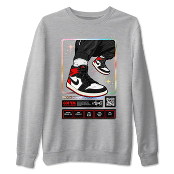 1s Black Toe Reimagined shirts to match jordans Sneaker Trading Card sneaker match tees Air Jordan 1 Black Toe Reimagined SNRT Sneaker Tees streetwear brand Heather Grey 2 unisex cotton tee