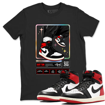 1s Black Toe Reimagined shirts to match jordans Sneaker Trading Card sneaker match tees Air Jordan 1 Black Toe Reimagined SNRT Sneaker Tees streetwear brand Black 1 unisex cotton tee