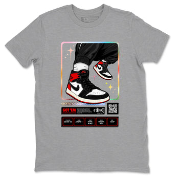 1s Black Toe Reimagined shirts to match jordans Sneaker Trading Card sneaker match tees Air Jordan 1 Black Toe Reimagined SNRT Sneaker Tees streetwear brand Heather Grey 2 unisex cotton tee