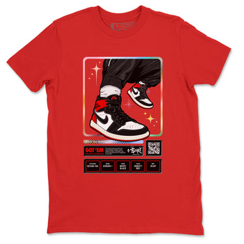 1s Black Toe Reimagined shirts to match jordans Sneaker Trading Card sneaker match tees Air Jordan 1 Black Toe Reimagined SNRT Sneaker Tees streetwear brand Red 2 unisex cotton tee