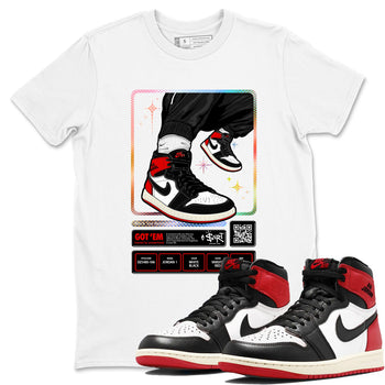 1s Black Toe Reimagined shirts to match jordans Sneaker Trading Card sneaker match tees Air Jordan 1 Black Toe Reimagined SNRT Sneaker Tees streetwear brand White 1 unisex cotton tee