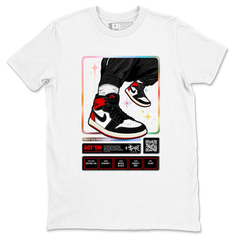 1s Black Toe Reimagined shirts to match jordans Sneaker Trading Card sneaker match tees Air Jordan 1 Black Toe Reimagined SNRT Sneaker Tees streetwear brand White 2 unisex cotton tee