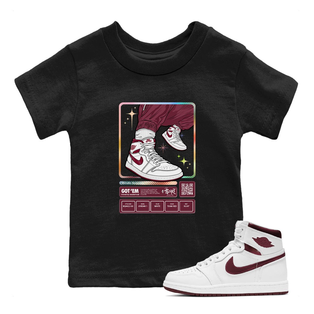 Jordan 1 Retro High '85 OG Metallic Burgundy shirts to match jordans Sneaker Trading Card sneaker match tees Air Jordan 1 Metallic Burgundy SNRT Sneaker Tees streetwear brand Baby and Youth Black 1 cotton tee
