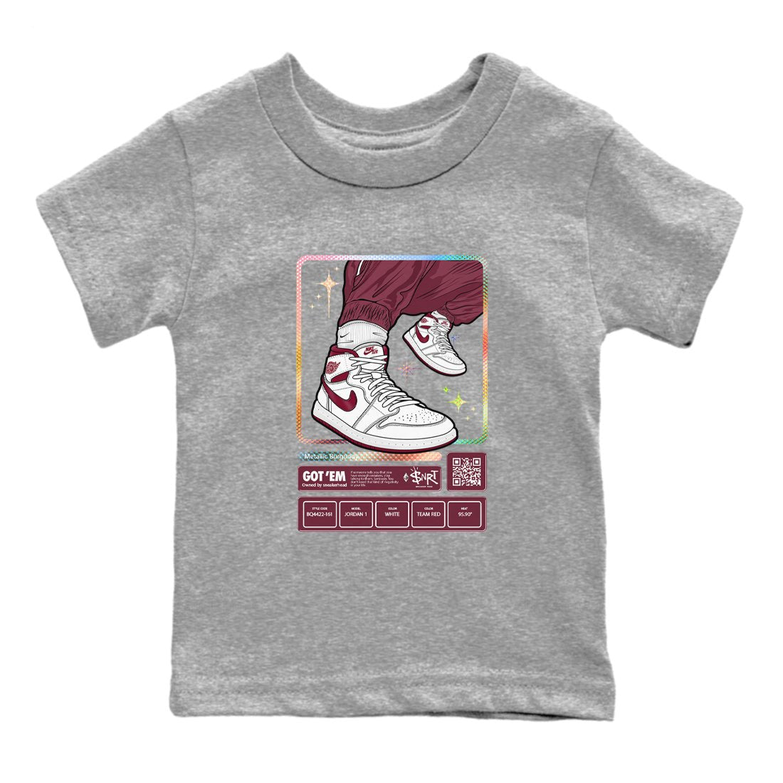 Jordan 1 Retro High '85 OG Metallic Burgundy shirts to match jordans Sneaker Trading Card sneaker match tees Air Jordan 1 Metallic Burgundy SNRT Sneaker Tees streetwear brand Baby and Youth Heather Grey 2 cotton tee
