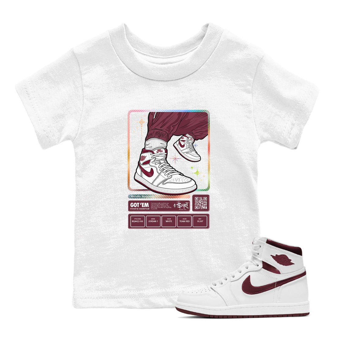 Jordan 1 Retro High '85 OG Metallic Burgundy shirts to match jordans Sneaker Trading Card sneaker match tees Air Jordan 1 Metallic Burgundy SNRT Sneaker Tees streetwear brand Baby and Youth White 1 cotton tee