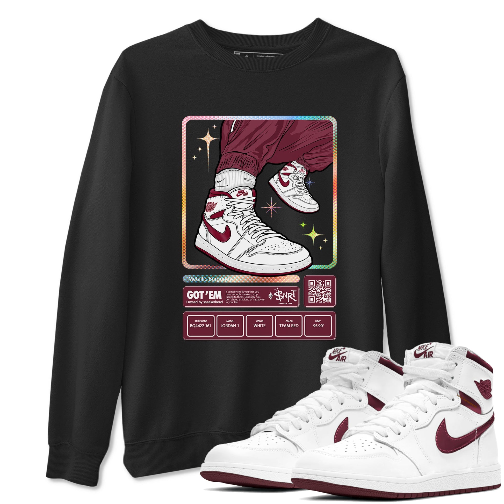 Jordan 1 Retro High '85 OG Metallic Burgundy shirts to match jordans Sneaker Trading Card sneaker match tees Air Jordan 1 Metallic Burgundy SNRT Sneaker Tees streetwear brand Black 1 unisex cotton tee