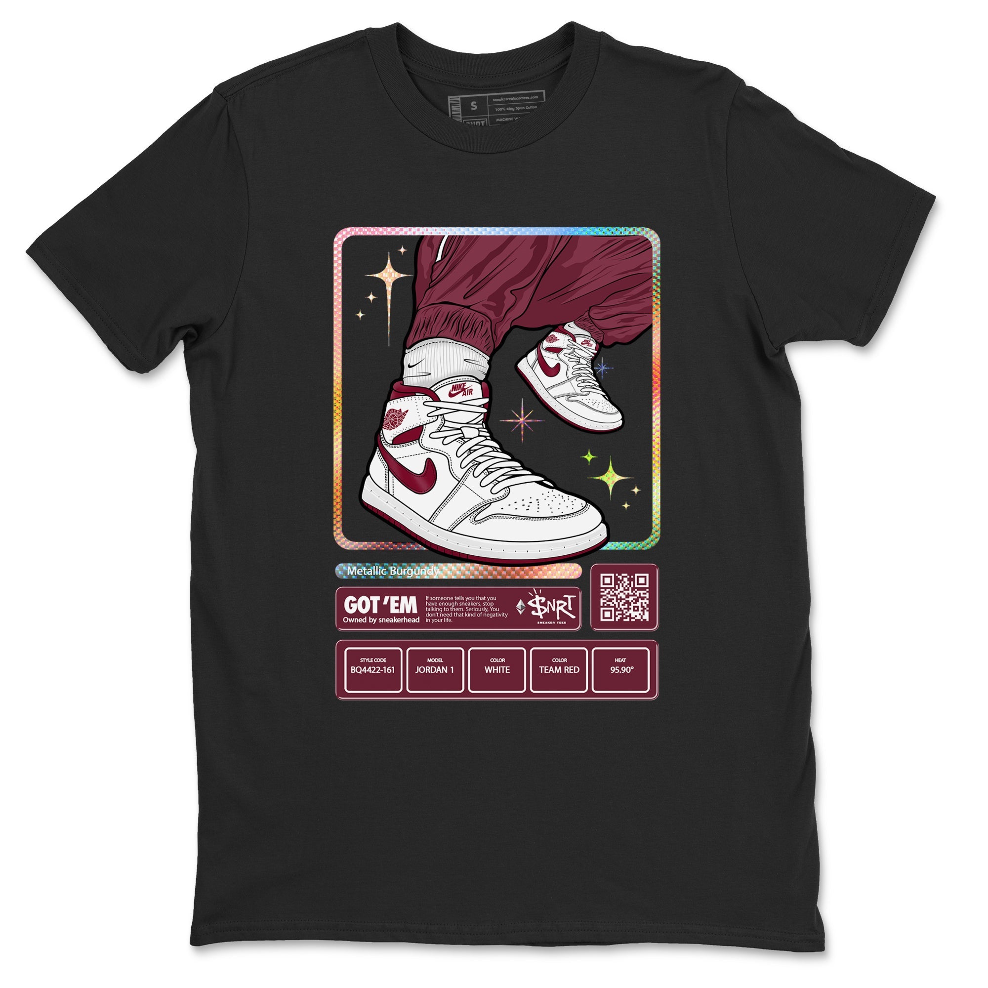 Jordan 1 Retro High '85 OG Metallic Burgundy shirts to match jordans Sneaker Trading Card sneaker match tees Air Jordan 1 Metallic Burgundy SNRT Sneaker Tees streetwear brand Black 2 unisex cotton tee