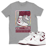 Jordan 1 Retro High '85 OG Metallic Burgundy shirts to match jordans Sneaker Trading Card sneaker match tees Air Jordan 1 Metallic Burgundy SNRT Sneaker Tees streetwear brand Heather Grey 1 unisex cotton tee