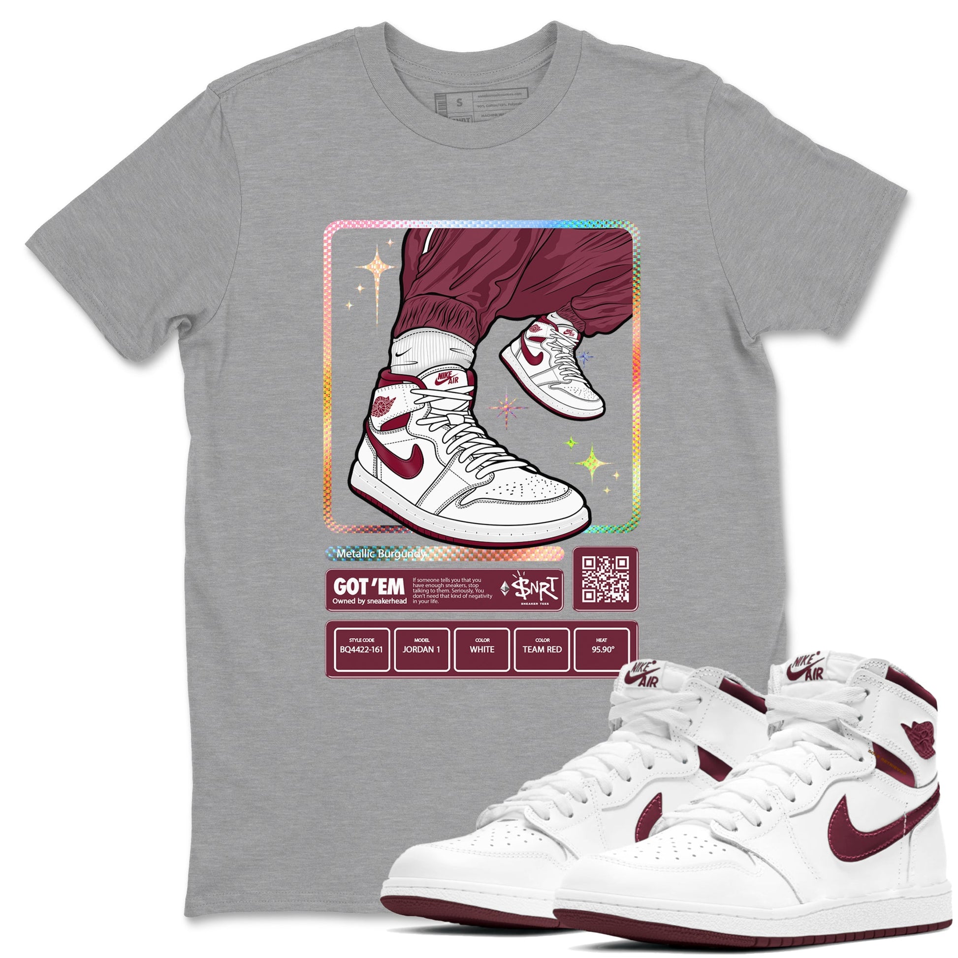 Jordan 1 Retro High '85 OG Metallic Burgundy shirts to match jordans Sneaker Trading Card sneaker match tees Air Jordan 1 Metallic Burgundy SNRT Sneaker Tees streetwear brand Heather Grey 1 unisex cotton tee