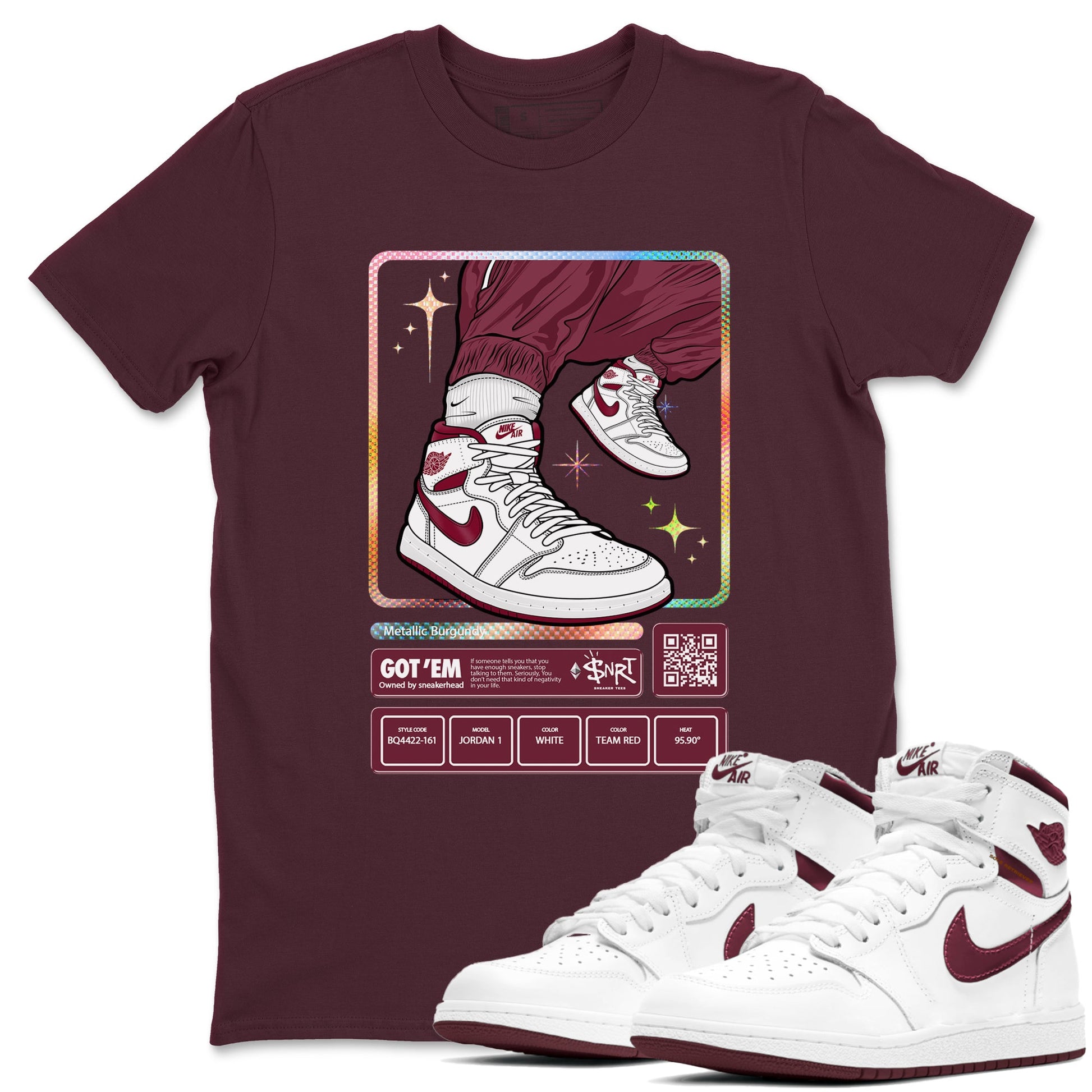 Jordan 1 Retro High '85 OG Metallic Burgundy shirts to match jordans Sneaker Trading Card sneaker match tees Air Jordan 1 Metallic Burgundy SNRT Sneaker Tees streetwear brand Maroon 1 unisex cotton tee