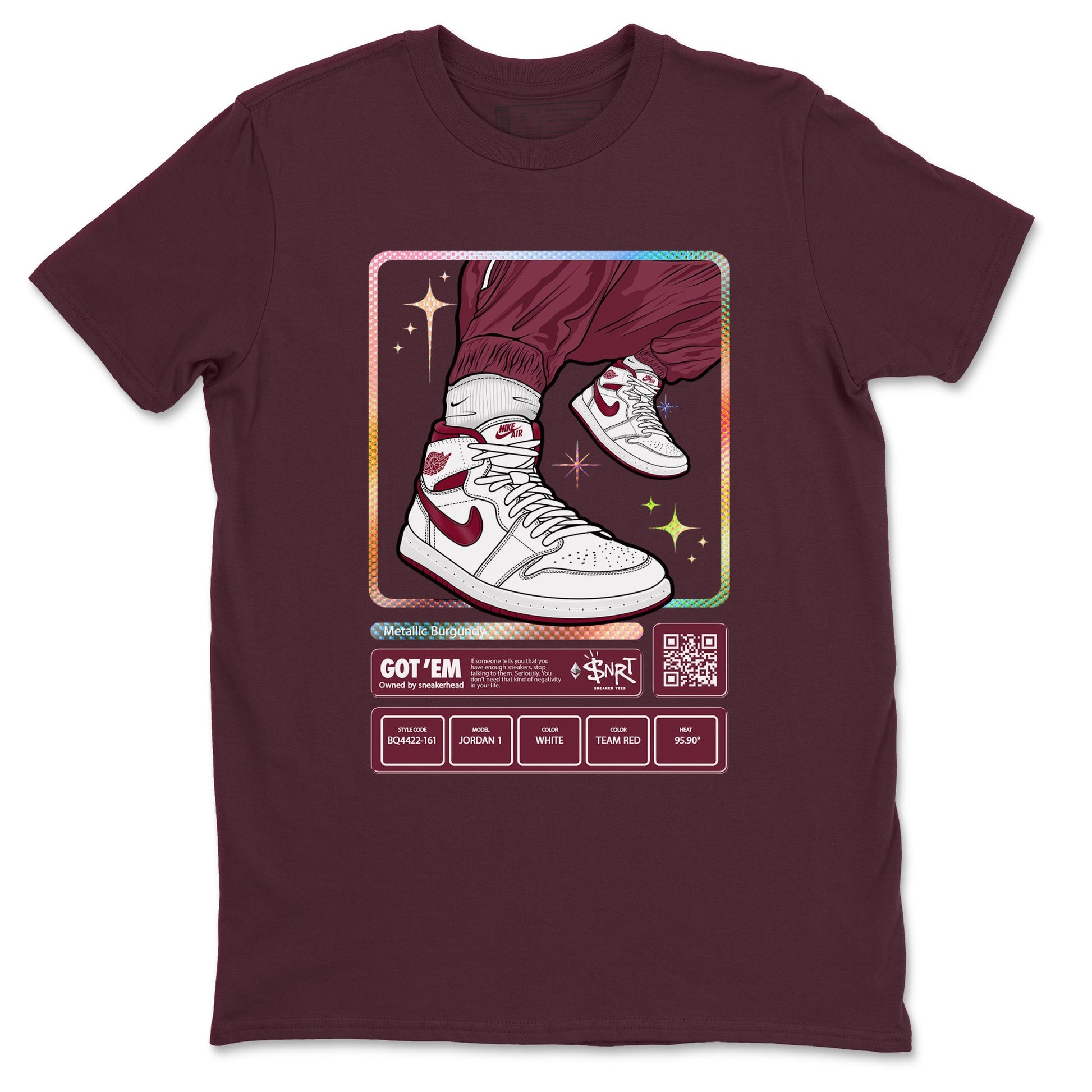 Jordan 1 Retro High '85 OG Metallic Burgundy shirts to match jordans Sneaker Trading Card sneaker match tees Air Jordan 1 Metallic Burgundy SNRT Sneaker Tees streetwear brand Maroon 2 unisex cotton tee