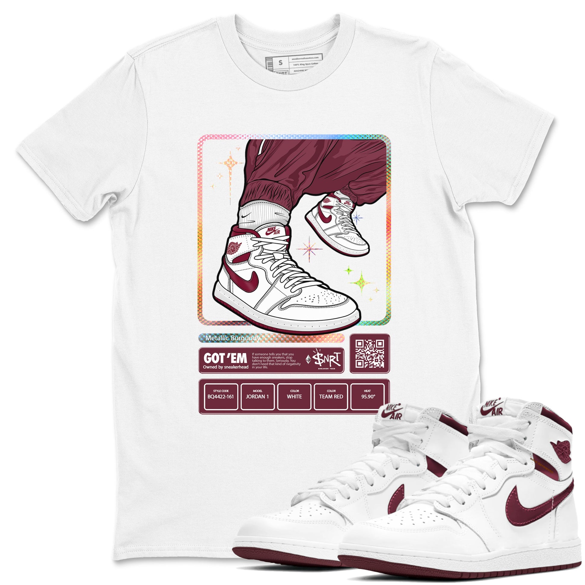 Jordan 1 Retro High '85 OG Metallic Burgundy shirts to match jordans Sneaker Trading Card sneaker match tees Air Jordan 1 Metallic Burgundy SNRT Sneaker Tees streetwear brand White 1 unisex cotton tee