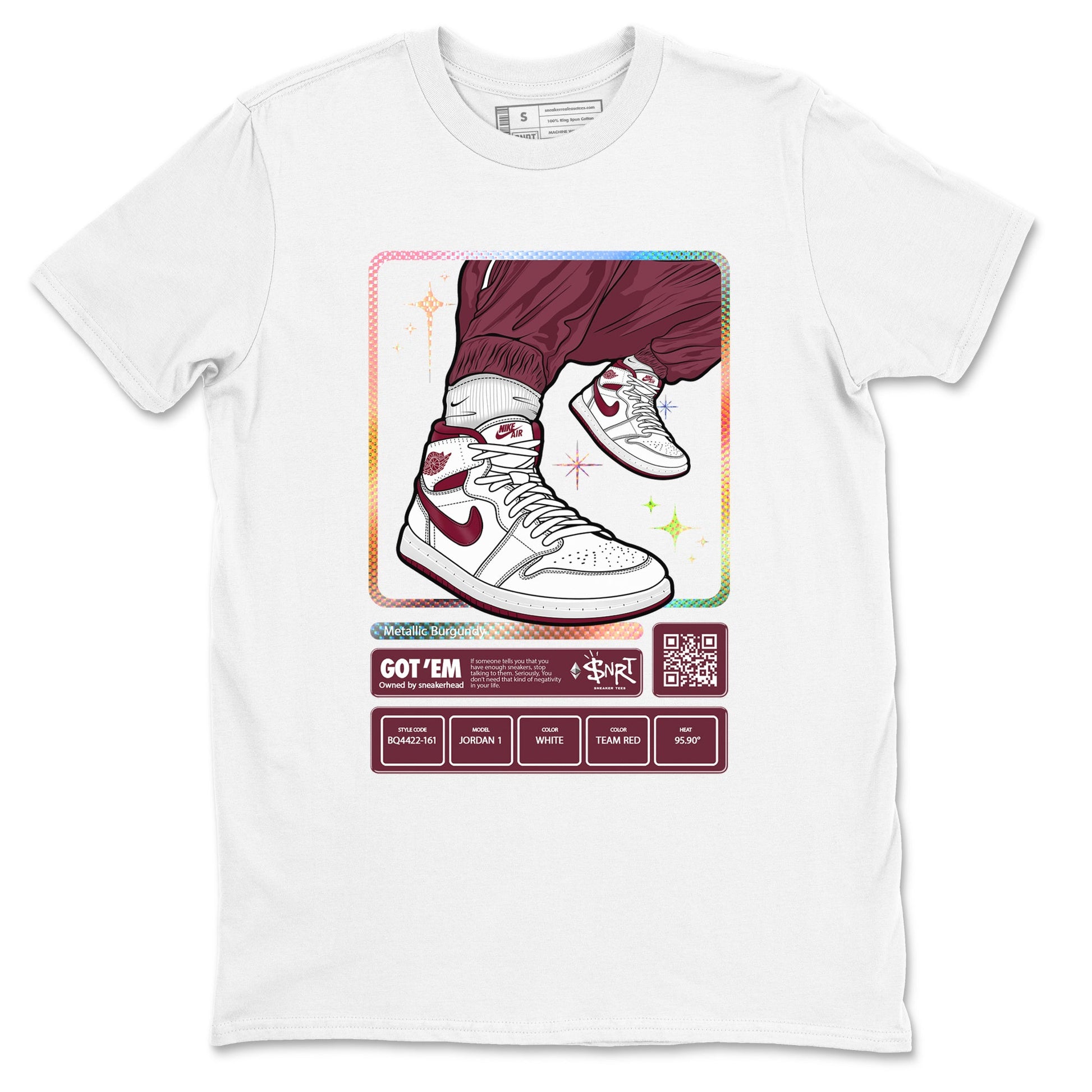 Jordan 1 Retro High '85 OG Metallic Burgundy shirts to match jordans Sneaker Trading Card sneaker match tees Air Jordan 1 Metallic Burgundy SNRT Sneaker Tees streetwear brand White 2 unisex cotton tee