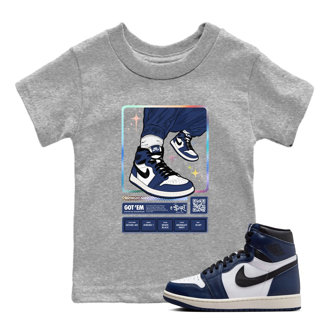 1s Midnight Navy shirts to match jordans Sneaker Trading Card sneaker match tees Air Jordan 1 Midnight Navy match shoes to clothes SNRT Sneaker Tees Youth Baby Heather Grey 1 tee