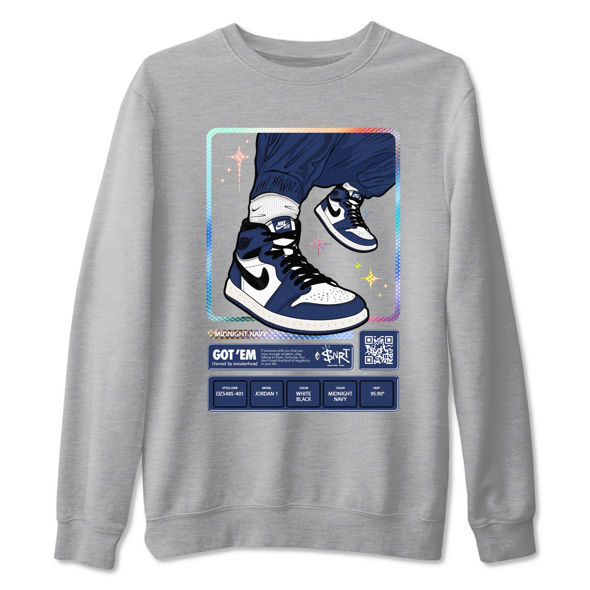 1s Midnight Navy shirts to match jordans Sneaker Trading Card sneaker match tees Air Jordan 1 Midnight Navy match shoes to clothes SNRT Sneaker Tees unisex cotton Heather Grey 2 shirts