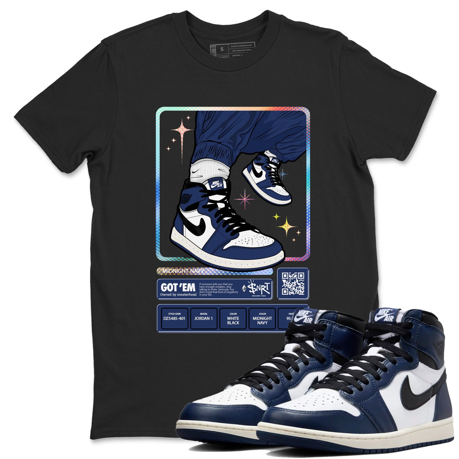 1s Midnight Navy shirts to match jordans Sneaker Trading Card sneaker match tees Air Jordan 1 Midnight Navy match shoes to clothes SNRT Sneaker Tees unisex cotton Black 1 shirts