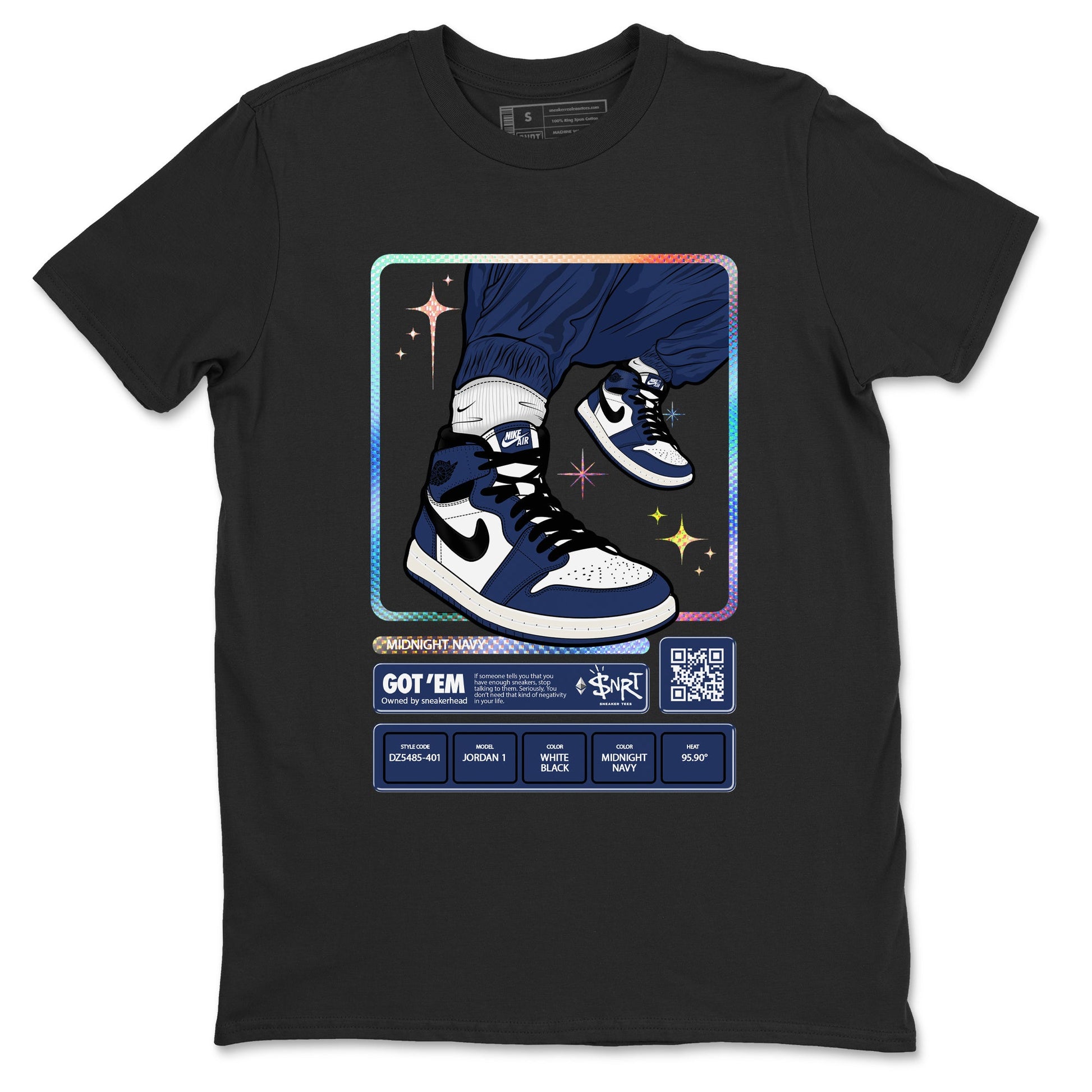 1s Midnight Navy shirts to match jordans Sneaker Trading Card sneaker match tees Air Jordan 1 Midnight Navy match shoes to clothes SNRT Sneaker Tees unisex cotton Black 2 shirts