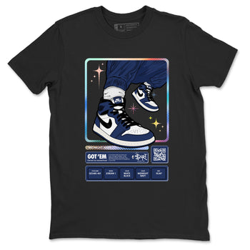 1s Midnight Navy shirts to match jordans Sneaker Trading Card sneaker match tees Air Jordan 1 Midnight Navy match shoes to clothes SNRT Sneaker Tees unisex cotton Black 2 shirts