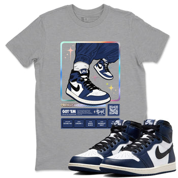 1s Midnight Navy shirts to match jordans Sneaker Trading Card sneaker match tees Air Jordan 1 Midnight Navy match shoes to clothes SNRT Sneaker Tees unisex cotton Heather Grey 1 shirts
