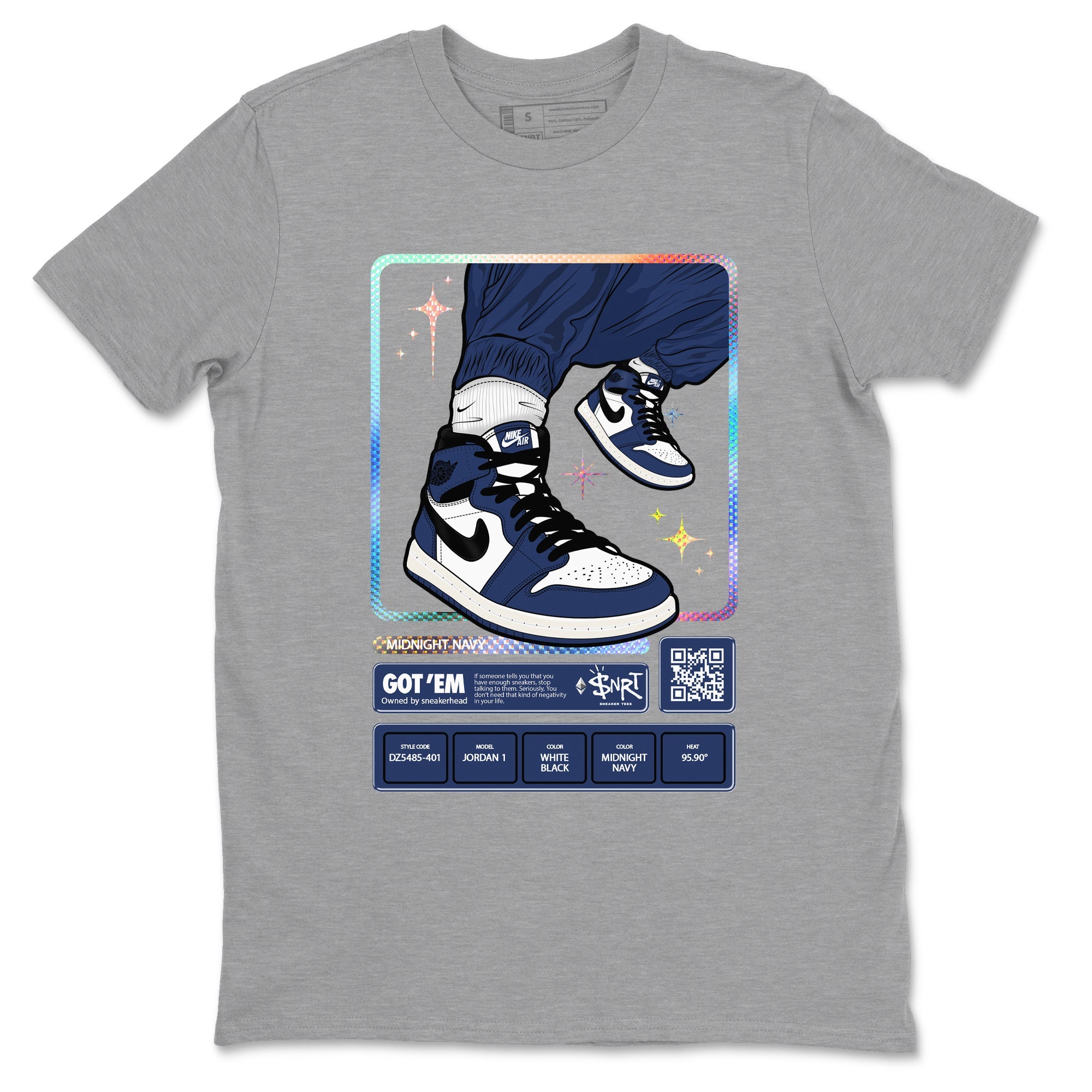 1s Midnight Navy shirts to match jordans Sneaker Trading Card sneaker match tees Air Jordan 1 Midnight Navy match shoes to clothes SNRT Sneaker Tees unisex cotton Heather Grey 2 shirts