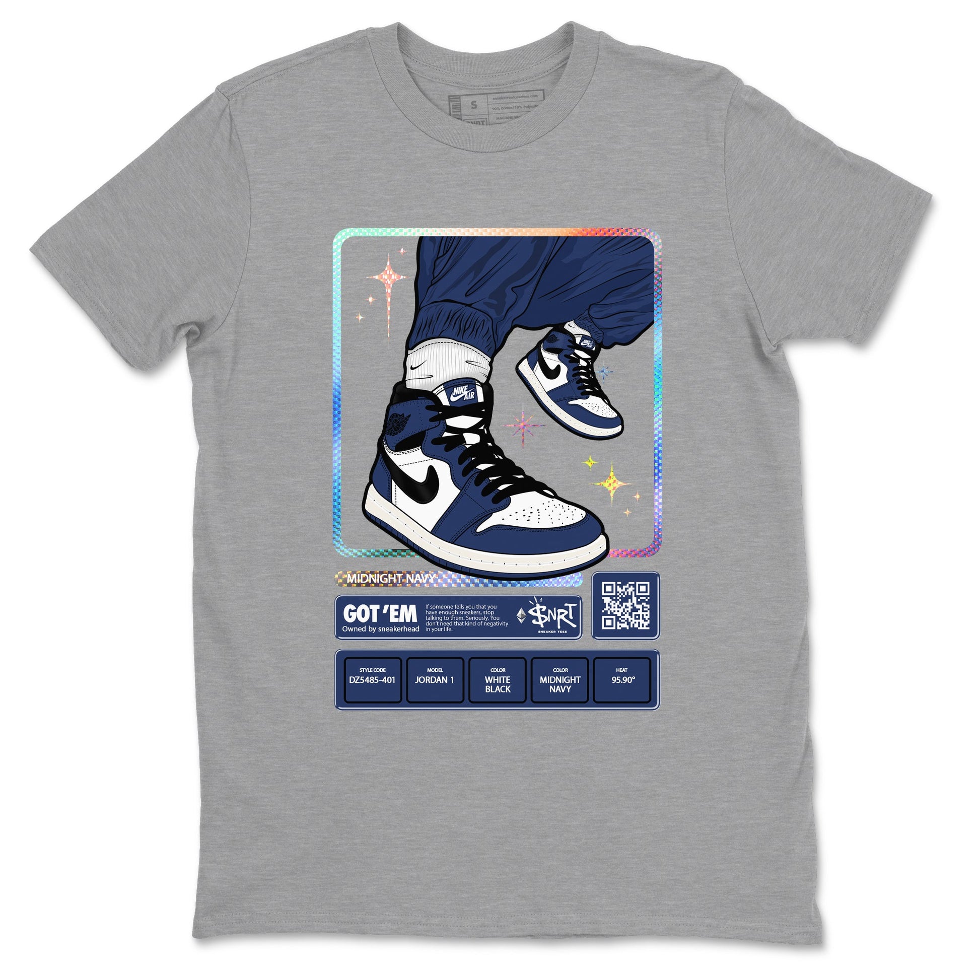 1s Midnight Navy shirts to match jordans Sneaker Trading Card sneaker match tees Air Jordan 1 Midnight Navy match shoes to clothes SNRT Sneaker Tees unisex cotton Heather Grey 2 shirts