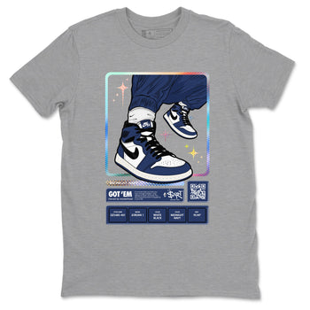 1s Midnight Navy shirts to match jordans Sneaker Trading Card sneaker match tees Air Jordan 1 Midnight Navy match shoes to clothes SNRT Sneaker Tees unisex cotton Heather Grey 2 shirts