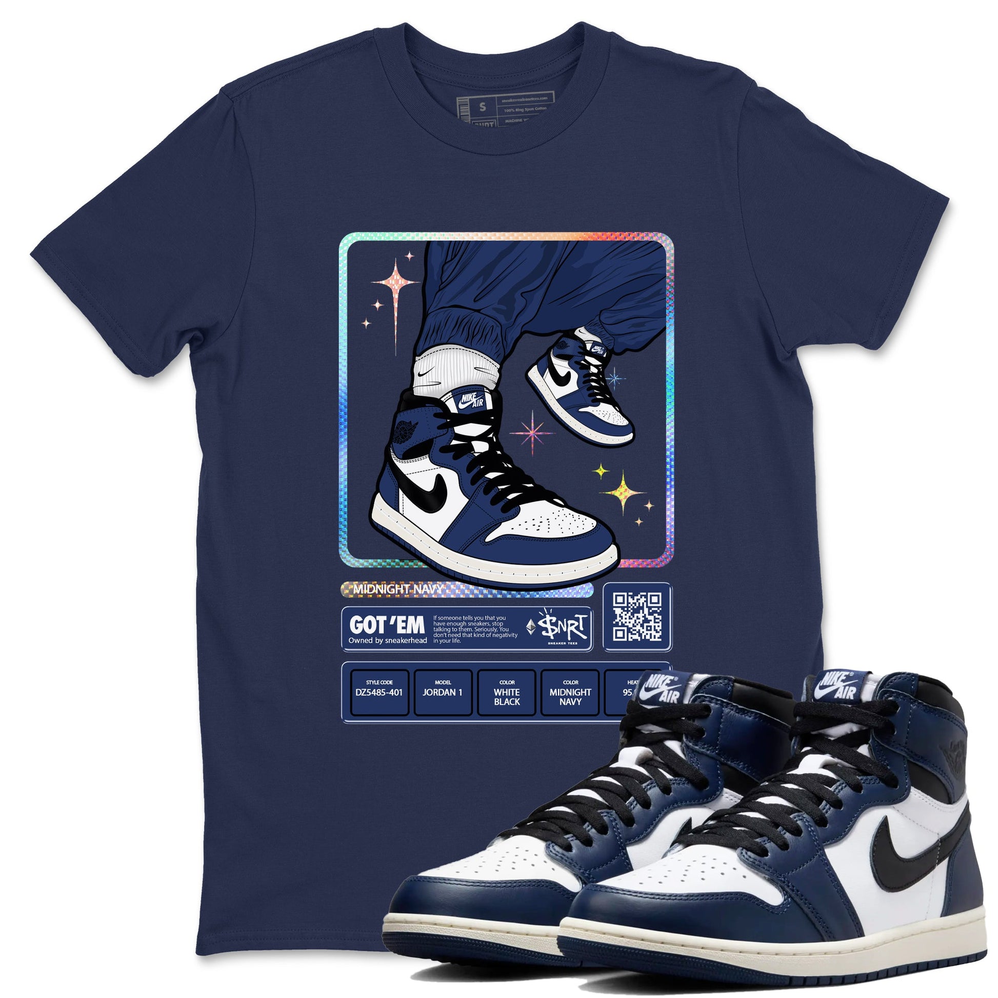 1s Midnight Navy shirts to match jordans Sneaker Trading Card sneaker match tees Air Jordan 1 Midnight Navy match shoes to clothes SNRT Sneaker Tees unisex cotton Navy 1 shirts