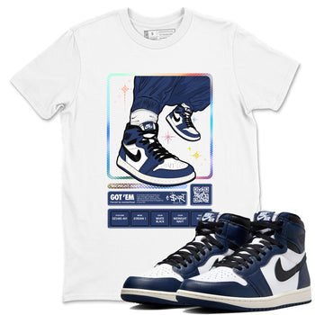 1s Midnight Navy shirts to match jordans Sneaker Trading Card sneaker match tees Air Jordan 1 Midnight Navy match shoes to clothes SNRT Sneaker Tees unisex cotton White 1 shirts
