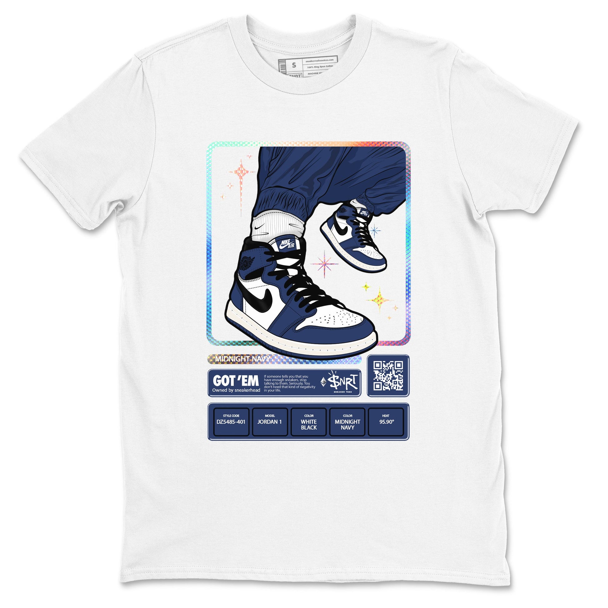 1s Midnight Navy shirts to match jordans Sneaker Trading Card sneaker match tees Air Jordan 1 Midnight Navy match shoes to clothes SNRT Sneaker Tees unisex cotton White 2 shirts