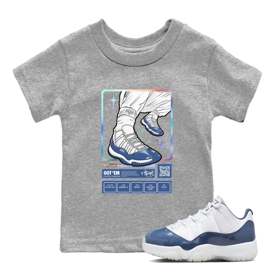 11s Diffused Blue shirts to match jordans Sneaker Trading Card sneaker match tees Air Jordan 11 Diffused Blue SNRT Sneaker Release Tees Youth Baby Heather Grey 1 crew neck shirts