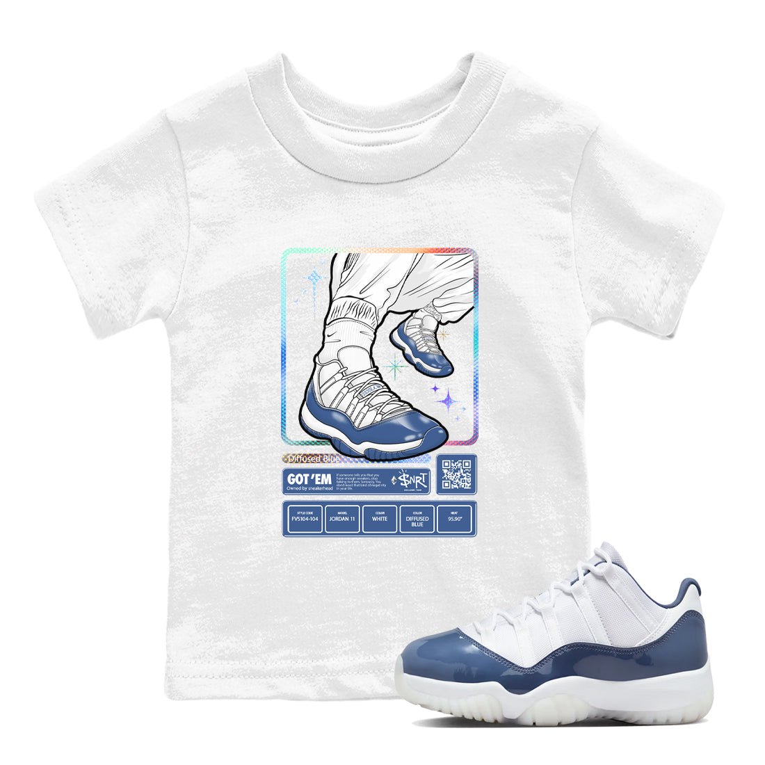 11s Diffused Blue shirts to match jordans Sneaker Trading Card sneaker match tees Air Jordan 11 Diffused Blue SNRT Sneaker Release Tees Youth Baby White 1 crew neck shirts