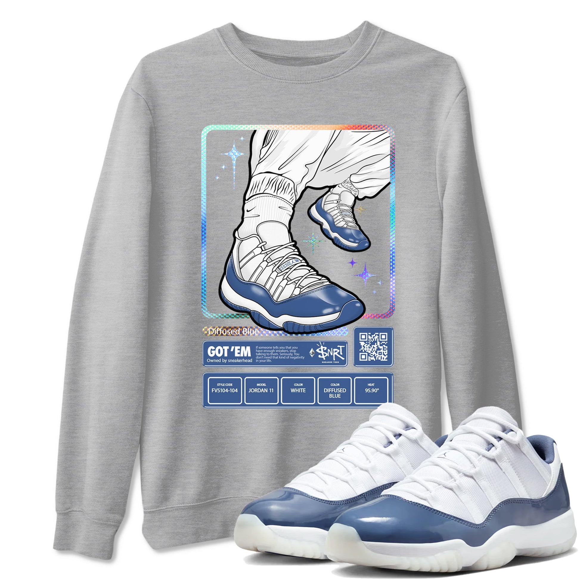 11s Diffused Blue shirts to match jordans Sneaker Trading Card sneaker match tees Air Jordan 11 Diffused Blue SNRT Sneaker Release Tees unisex cotton Heather Grey 1 crew neck shirts