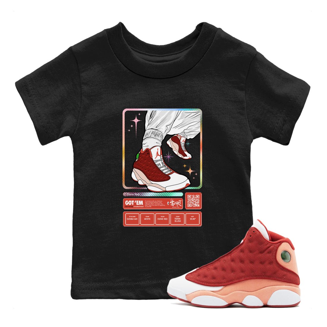 13s Dune Red shirts to match jordans Sneaker Trading Card sneaker match tees Air Jordan 13 Dune Red SNRT Sneaker Tees streetwear brand Baby and Youth Black 1 cotton tee