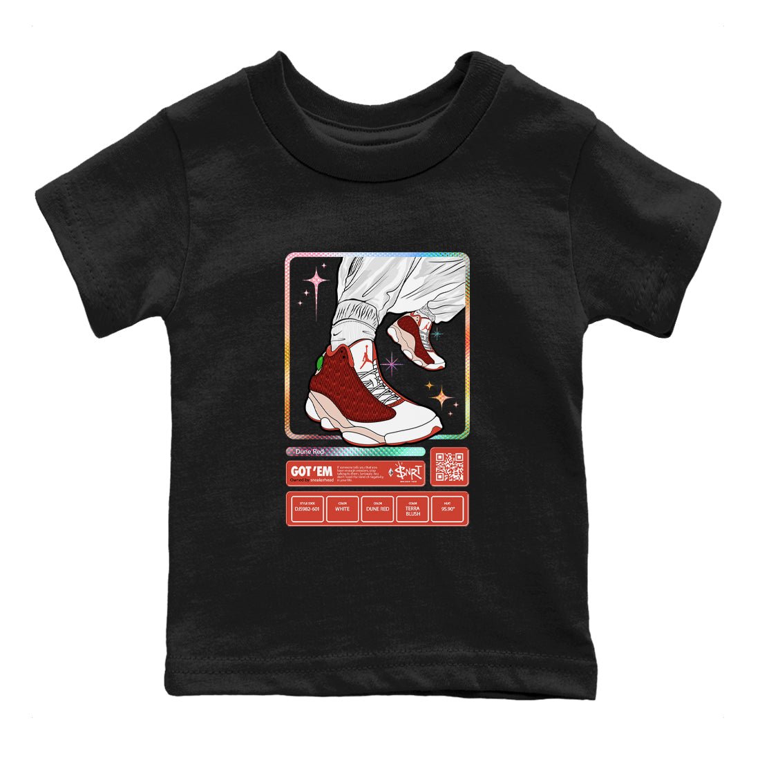13s Dune Red shirts to match jordans Sneaker Trading Card sneaker match tees Air Jordan 13 Dune Red SNRT Sneaker Tees streetwear brand Baby and Youth Black 2 cotton tee