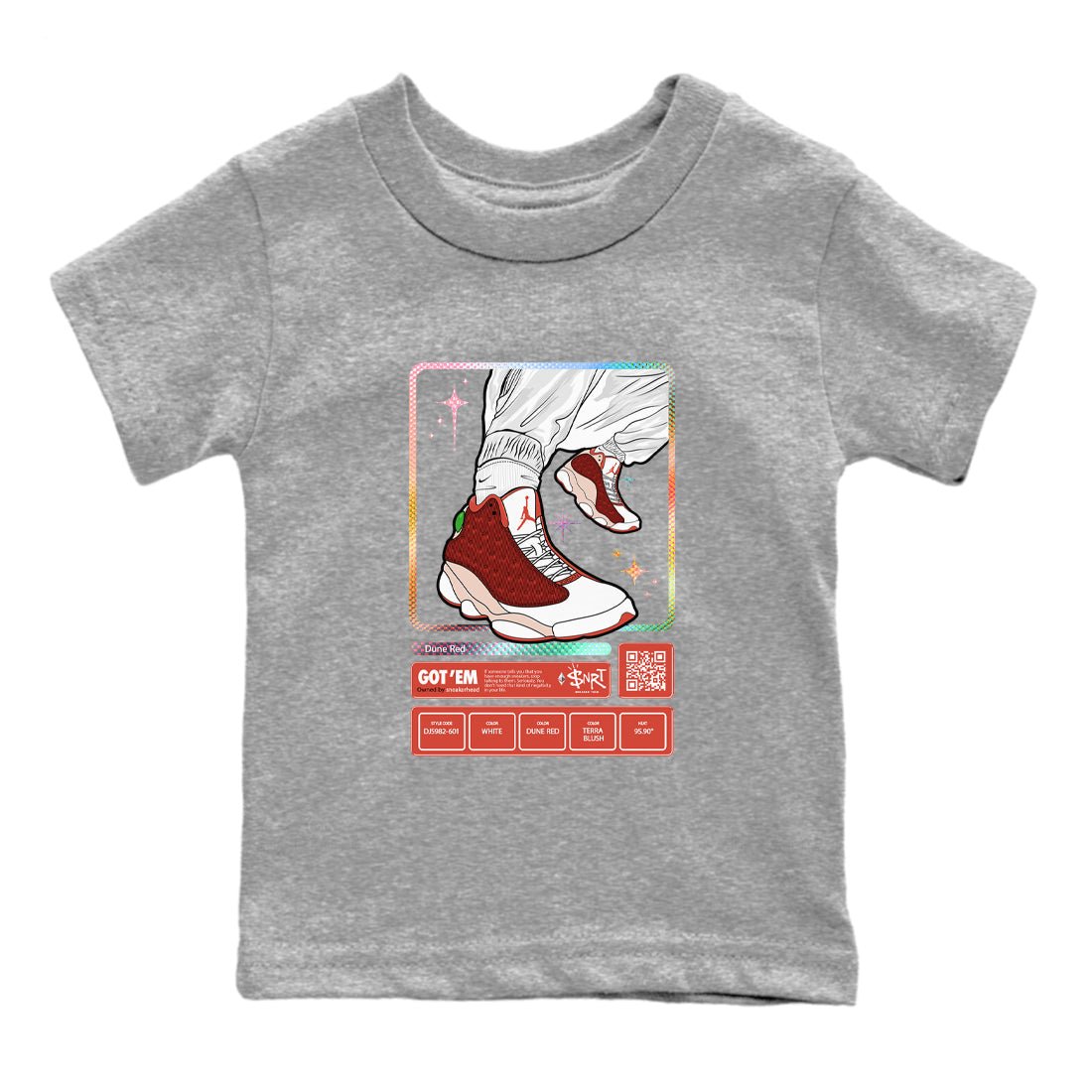 13s Dune Red shirts to match jordans Sneaker Trading Card sneaker match tees Air Jordan 13 Dune Red SNRT Sneaker Tees streetwear brand Baby and Youth Heather Grey 2 cotton tee