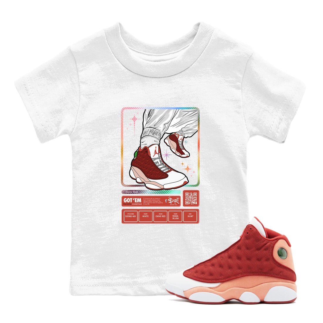 13s Dune Red shirts to match jordans Sneaker Trading Card sneaker match tees Air Jordan 13 Dune Red SNRT Sneaker Tees streetwear brand Baby and Youth White 1 cotton tee